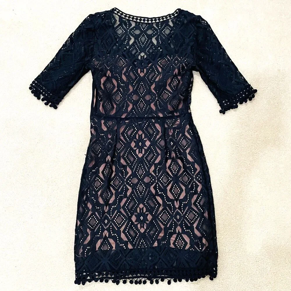 Gianni Bini Women's Size S Black Tan Geometric V-Neck Pom Pom Fringe Side Zip - Picture 5 of 10